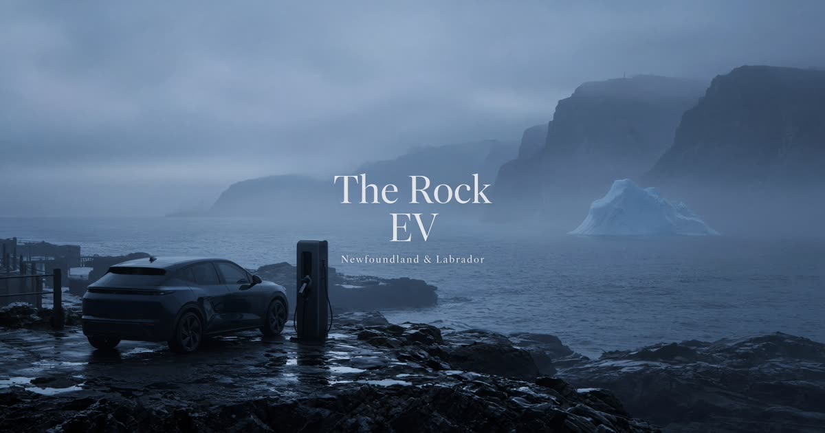 An electric car charging at a fogged Newfoundland harbour, iceberg off the point.